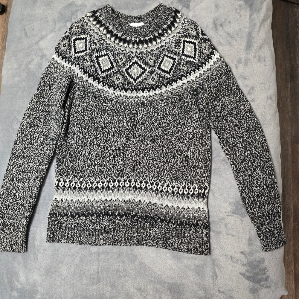 Old Navy Fair Isle Sweater Womens Small Black Gray Knit Pullover Diamond Holiday